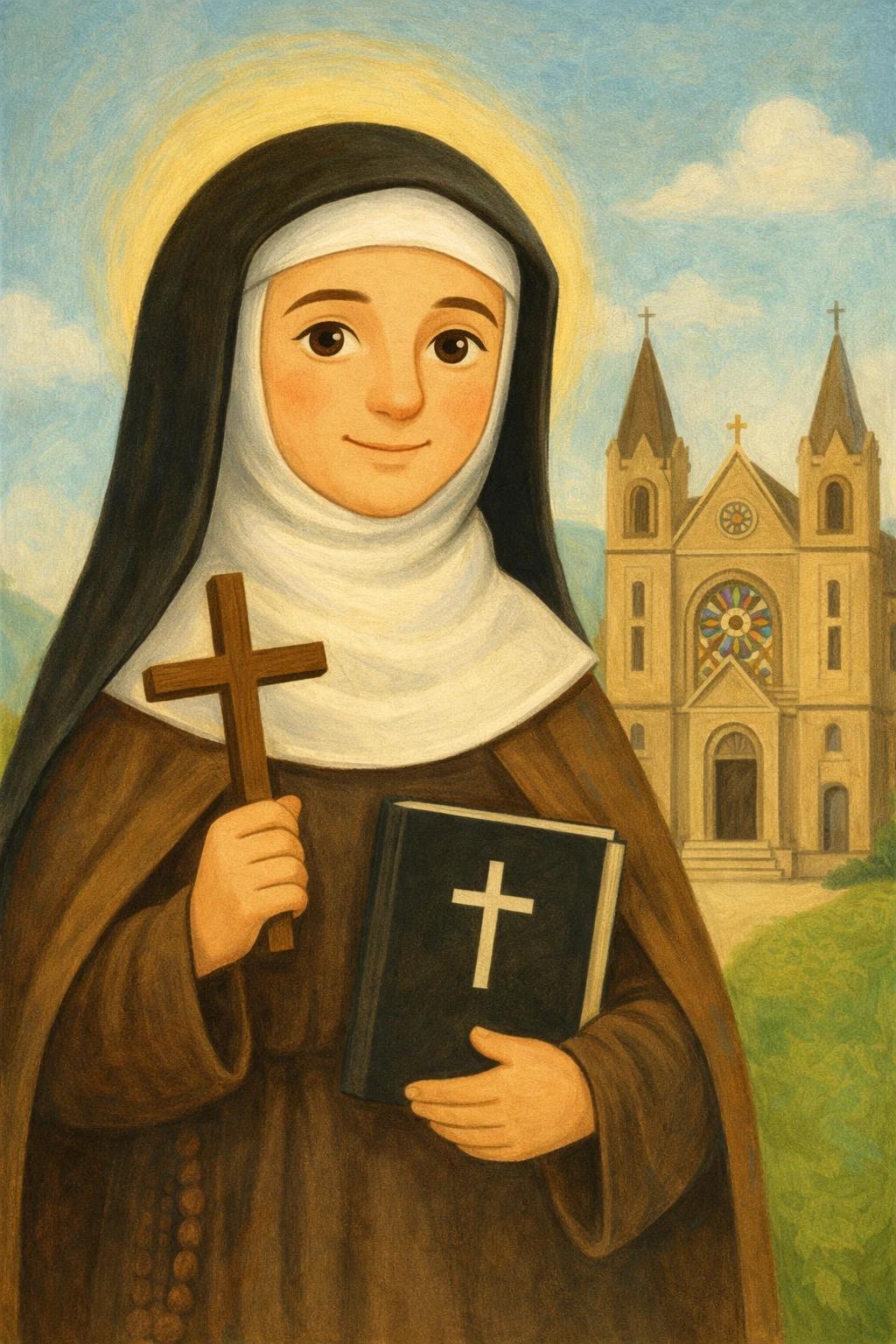 Illustration of Saint Teresa Benedicta of the Cross holding a wooden cross and a book.