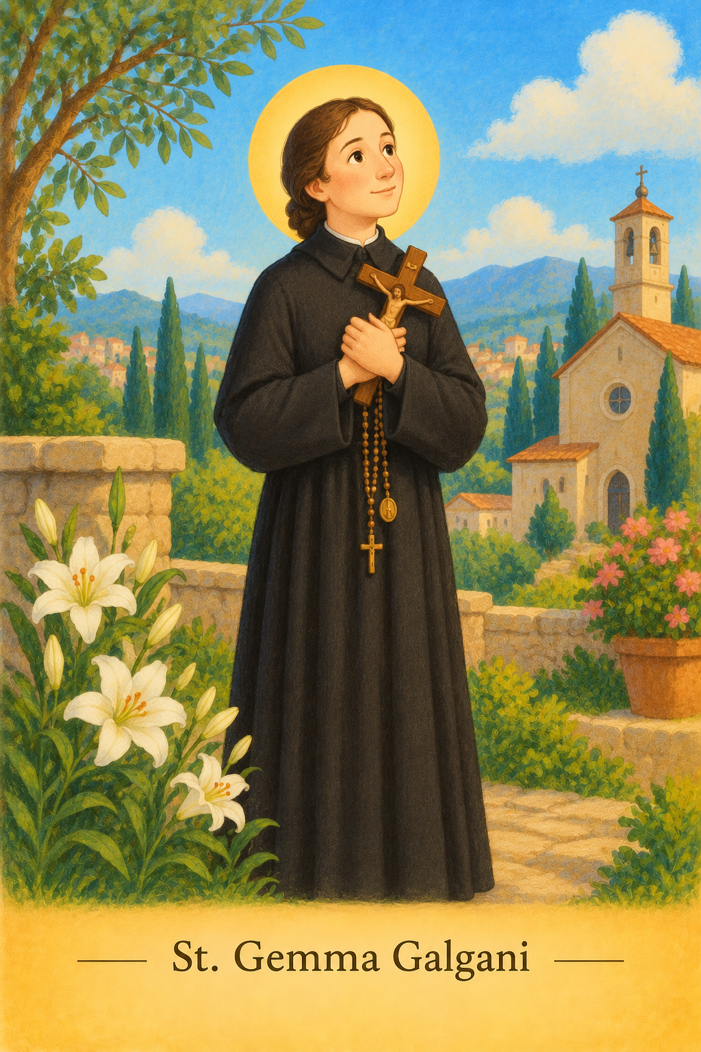 Illustration of Saint Gemma Galgani holding a wooden cross, rosary, and white lilies.