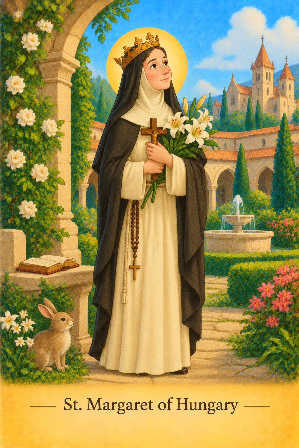 Illustration of Saint Margaret of Hungary holding a rosary, wooden cross, and white lilies.