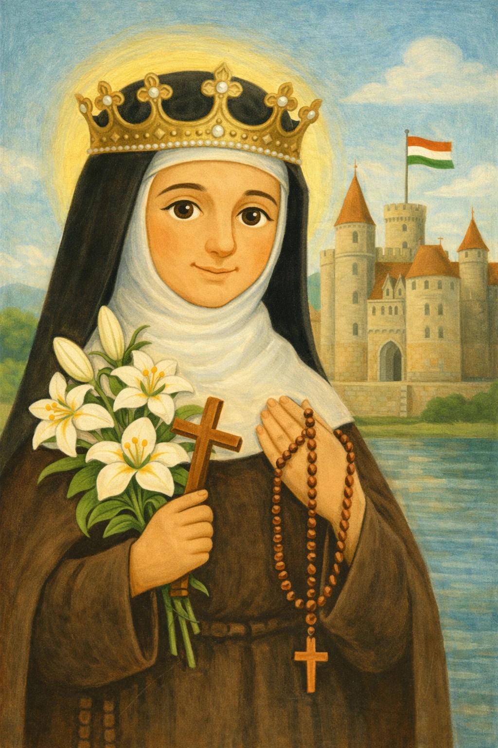 Illustration of Saint Margaret of Hungary holding a rosary, wooden cross, and white lilies.