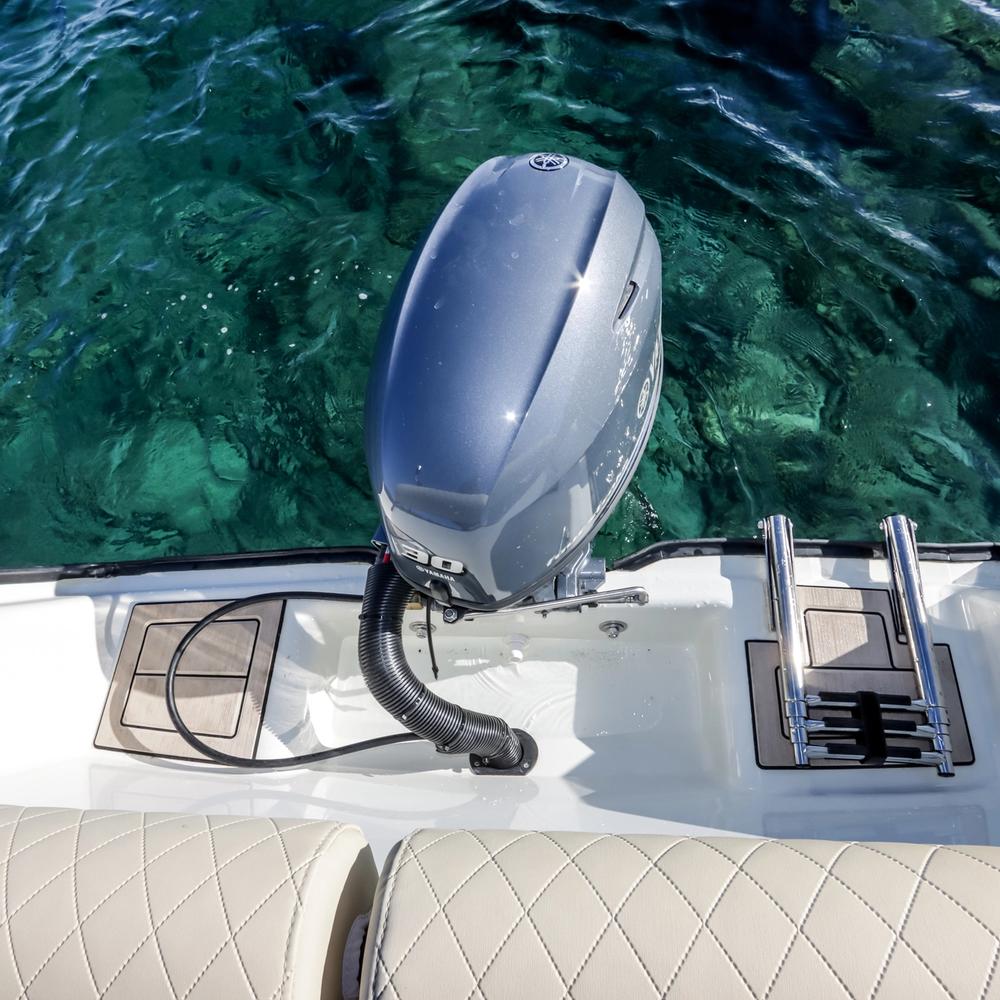 RedFin 49 transom, Yamaha outboard and folding boarding ladder
