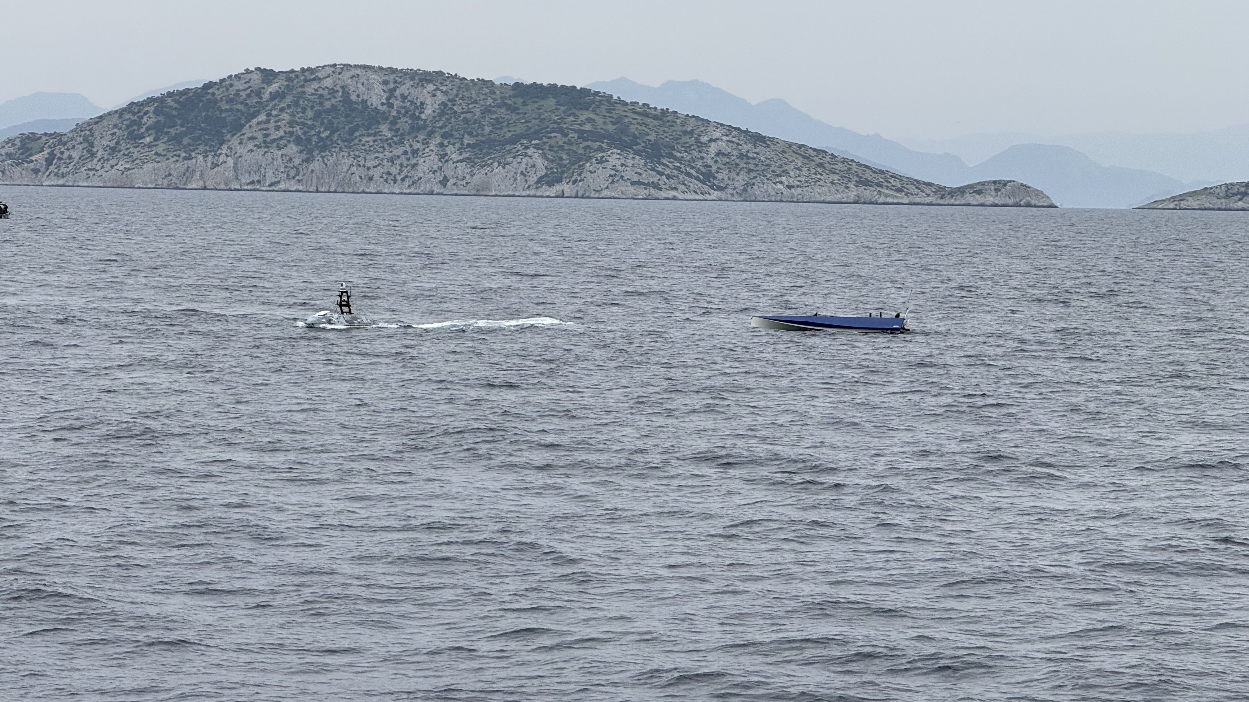 Two TRYGONS DRONES USVs running together near a Greek island
