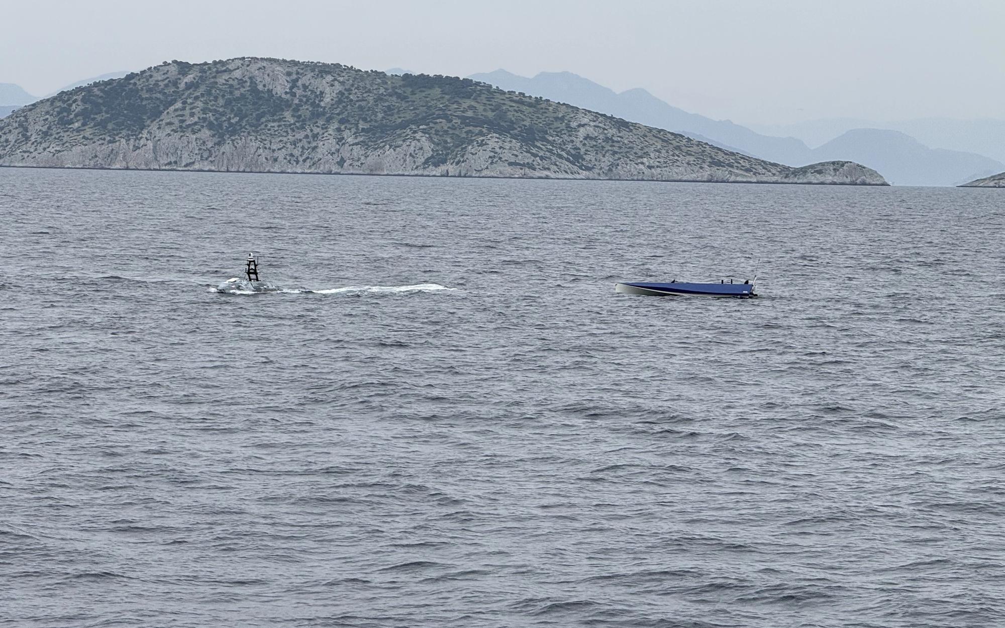 Two TRYGONS DRONES USVs running together near a Greek island