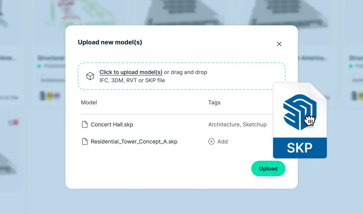 An example where a SketchUp file is being uploaded to Qonic.