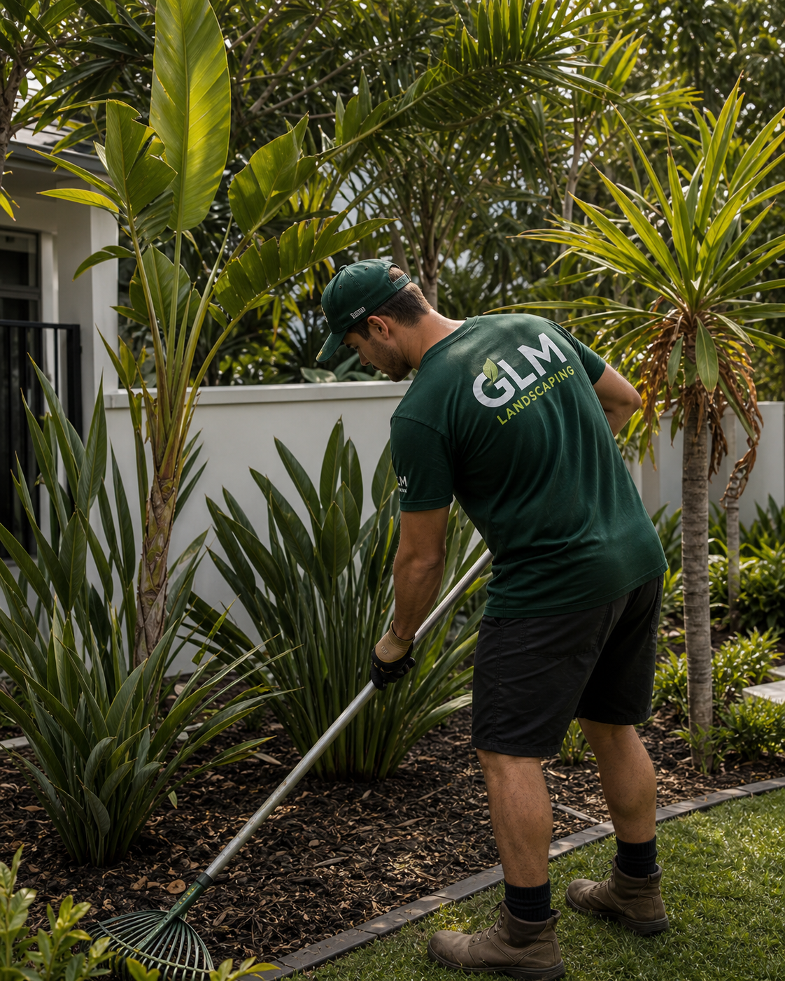 GLM team member completing a garden landscaping project