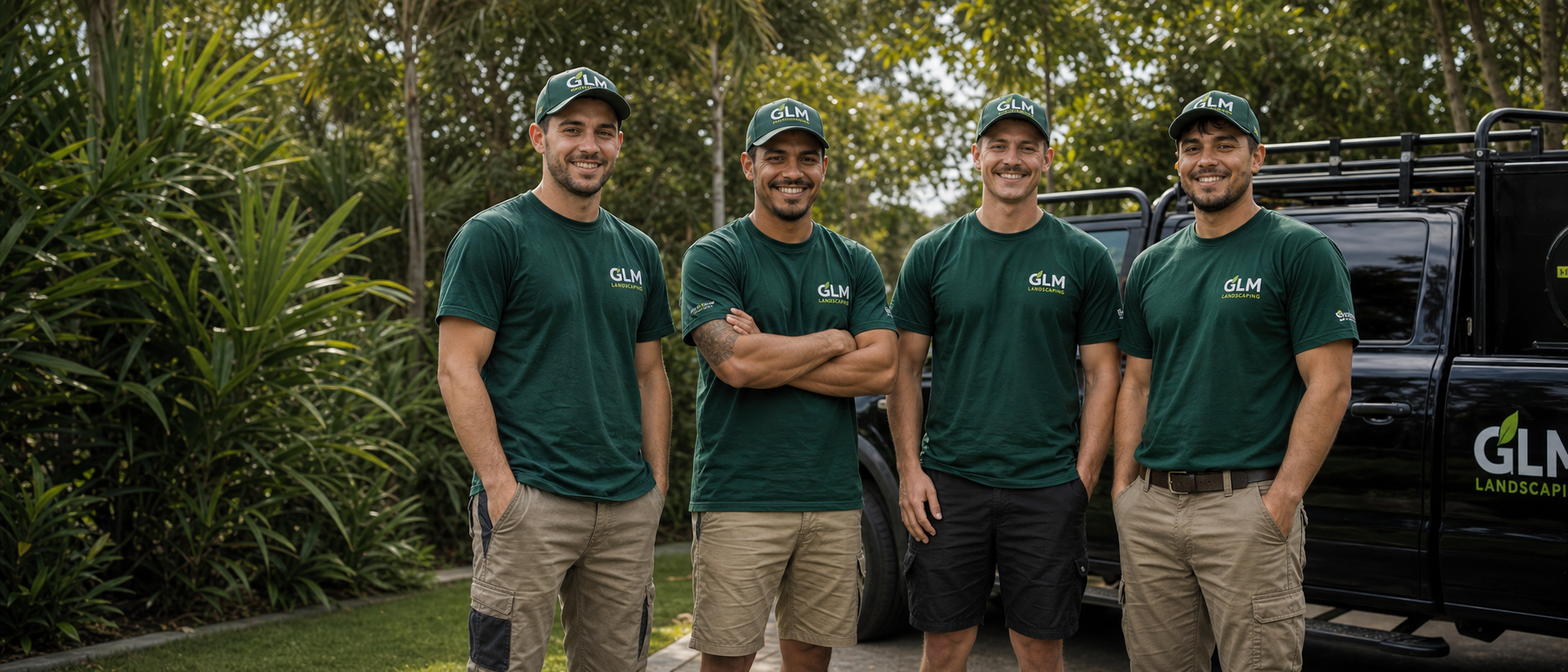 The GLM Landscaping team standing together beside their vehicle