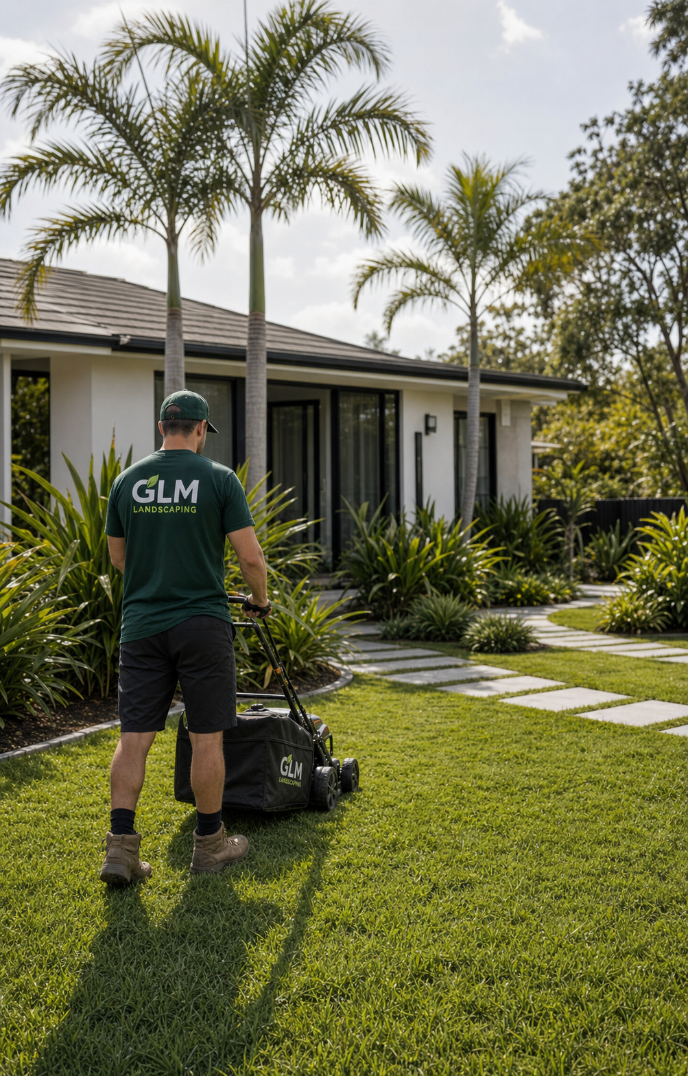 GLM team member mowing a neatly maintained lawn