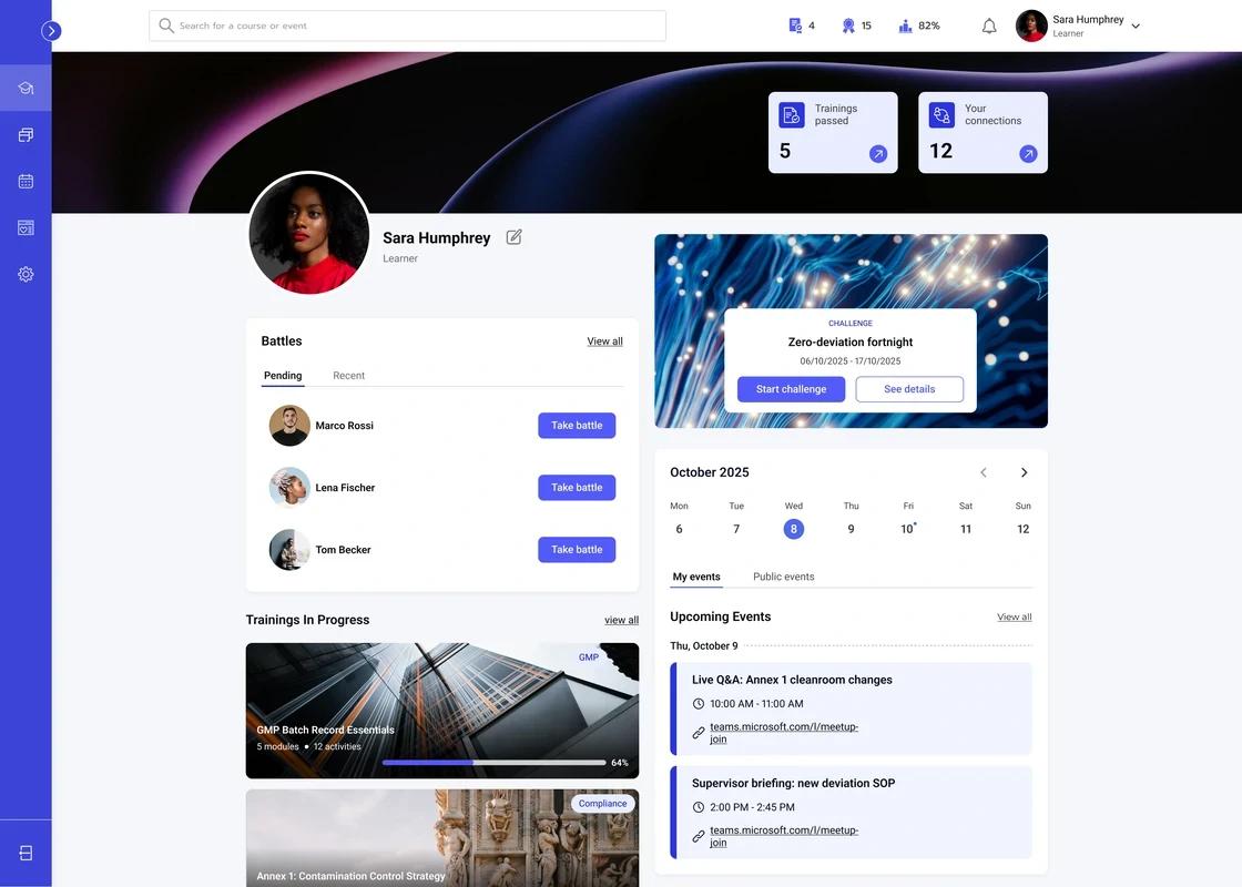 Opigno learner home screen with profile, battles, trainings in progress and upcoming events