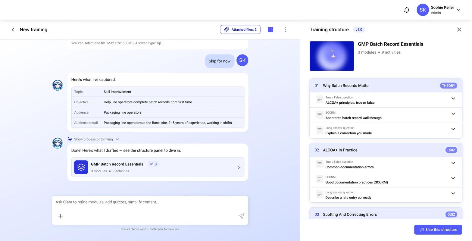 The Opigno training builder: a conversation with Clara that captures topic, objective and audience, and drafts a training with modules and activities next to a structure panel.