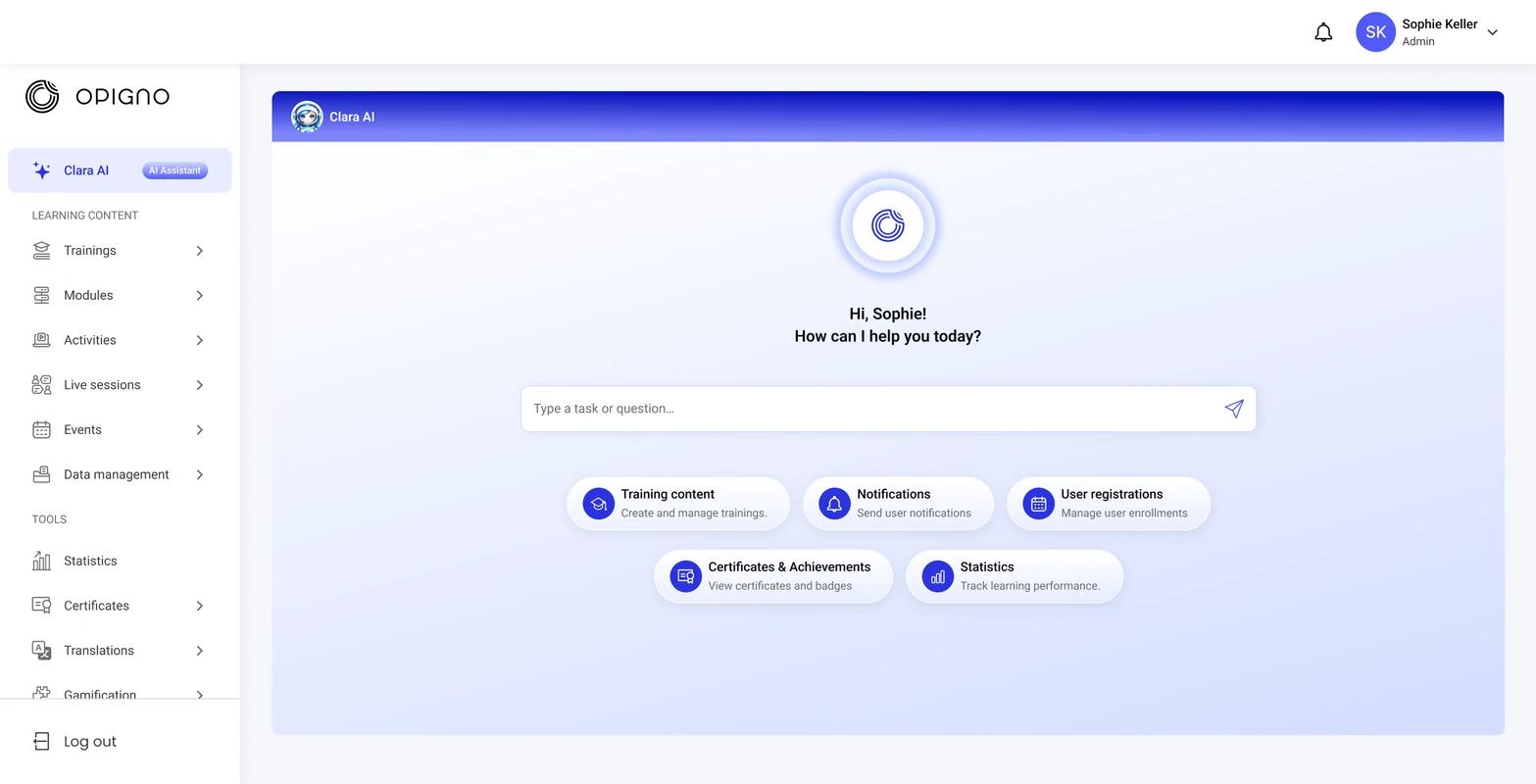 The Clara AI assistant in Opigno greeting the user with a prompt field and shortcuts for training content, notifications, user registrations, certificates and statistics.