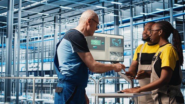 Un technicien plus âgé en bleu de travail montre un écran de données machine, aux côtés de deux jeunes collègues dans une grande installation automatisée