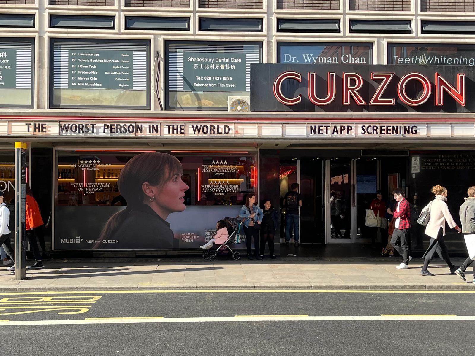 Curzon theatre with titles the worst person in the world and netappscreening