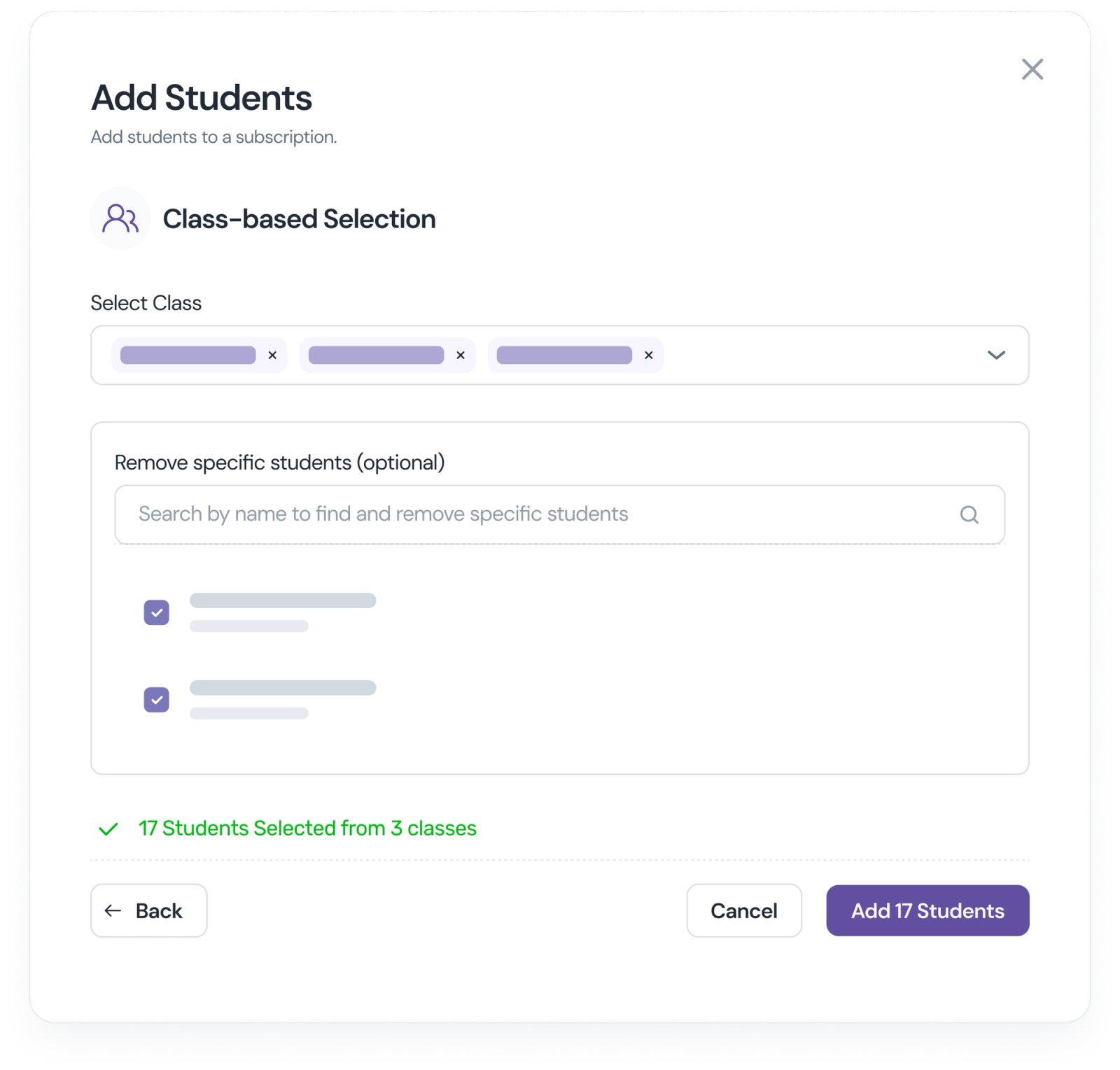 Assign by class in bulk, or pick students one by one