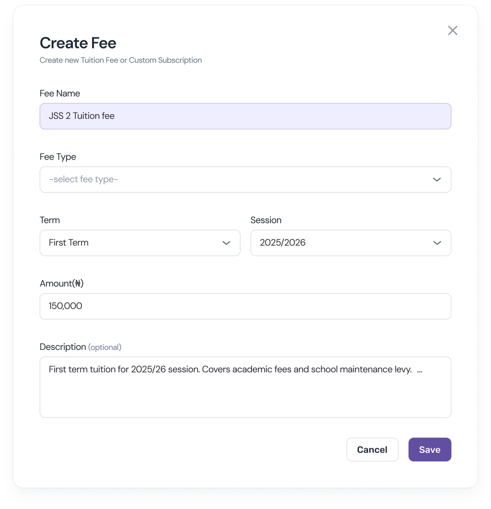 Create any fee in seconds — even for a term that hasn't started yet