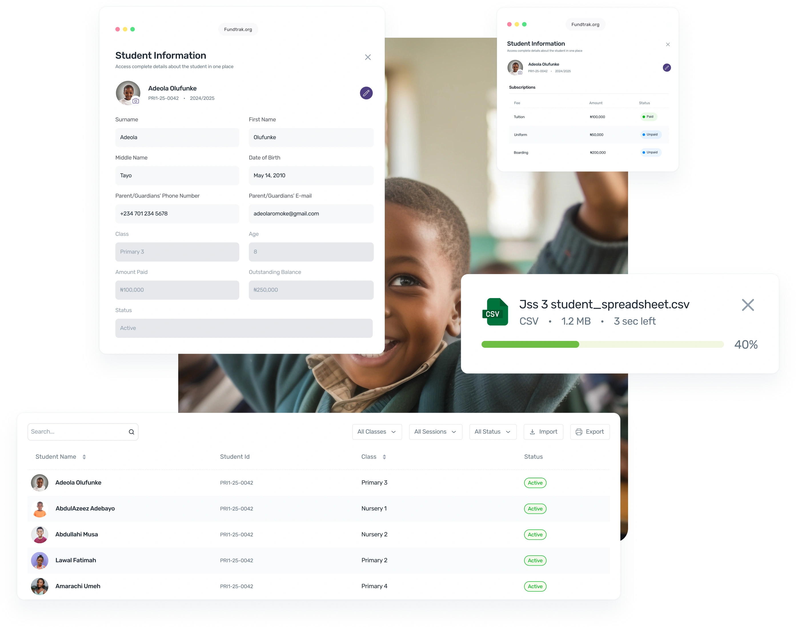 FundTrak student management dashboard showing class structure and student profiles