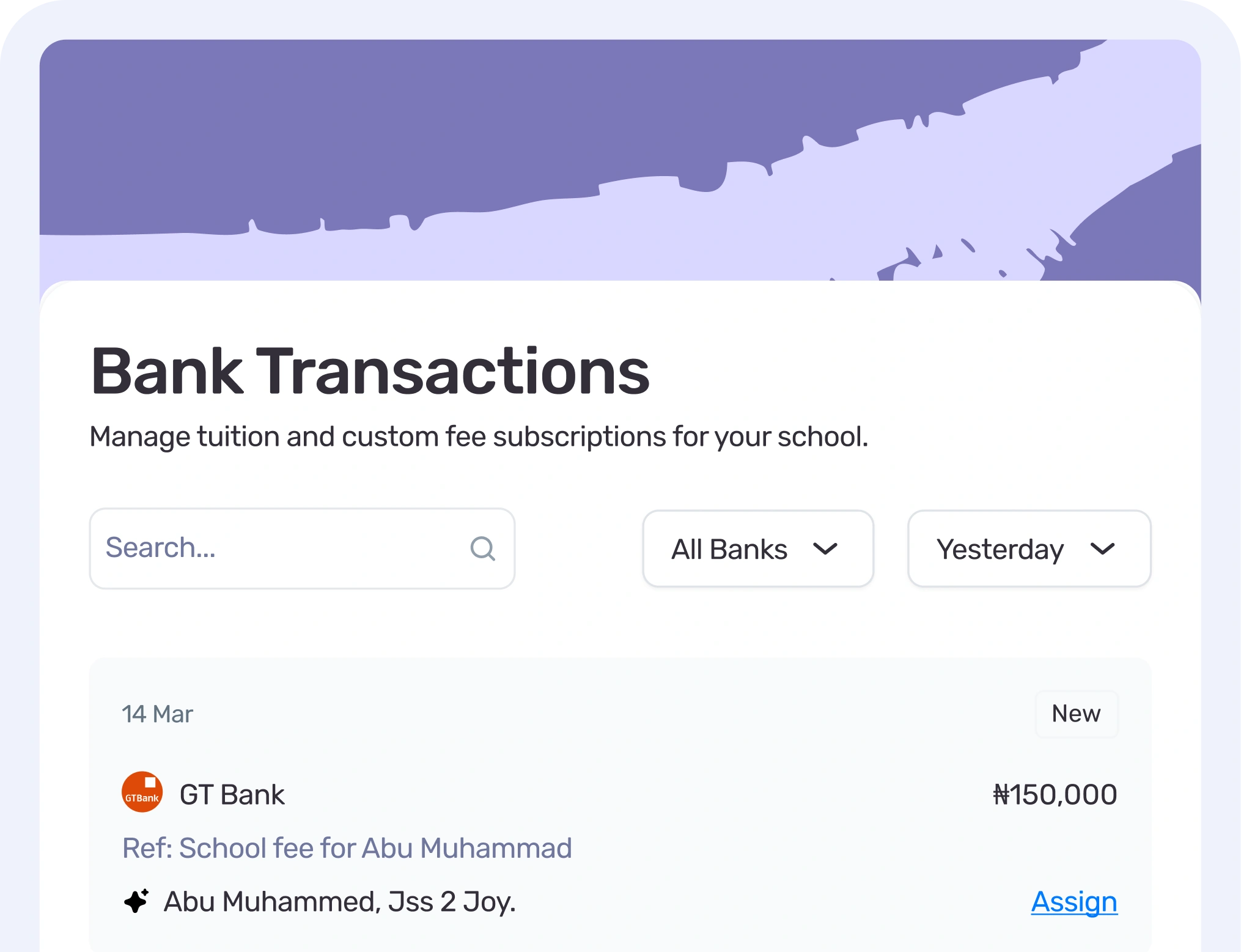 FundTrak AI payment matching dashboard showing automatic student-payment reconciliation
