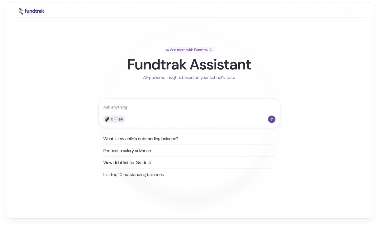 FundTrak AI assistant showing WhatsApp conversation with school finance queries