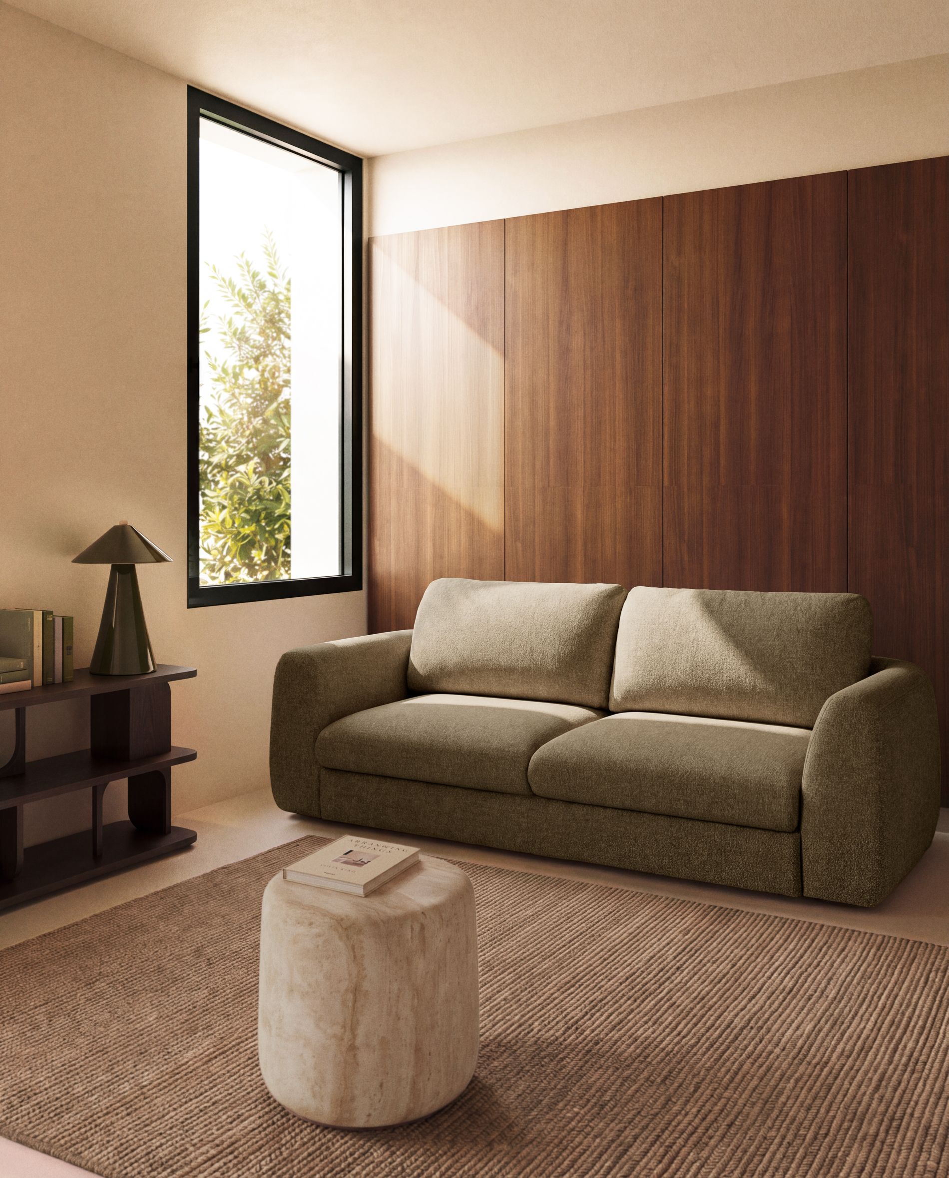 Two-seater sofa in khaki-green fabric, photo 6