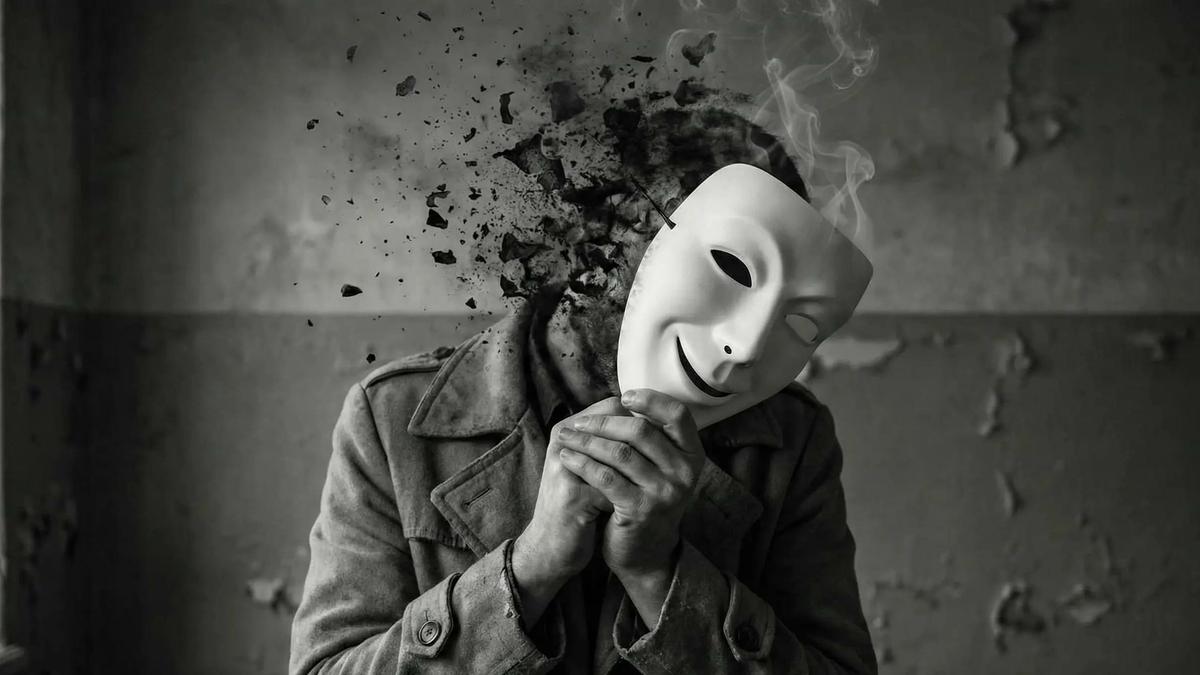 Uma imagem conceitual em preto e branco mostra uma pessoa de casaco, com as mãos tensas segurando uma máscara branca sorridente sobre o rosto. Atrás da máscara, a cabeça da pessoa está se fragmentando em pedaços escuros e fumaça, sugerindo desintegração. A postura da pessoa é curvada e exausta. O ambiente é uma sala sombria com paredes descascadas, transmitindo uma sensação de peso, melancolia e exaustão.