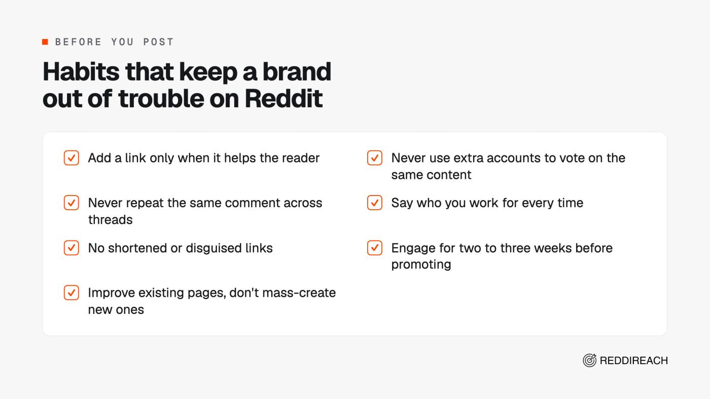 Checklist of seven Reddit SEO habits, covering links, voting, repeated comments, disclosure, link shorteners, waiting before promoting and avoiding pages at scale