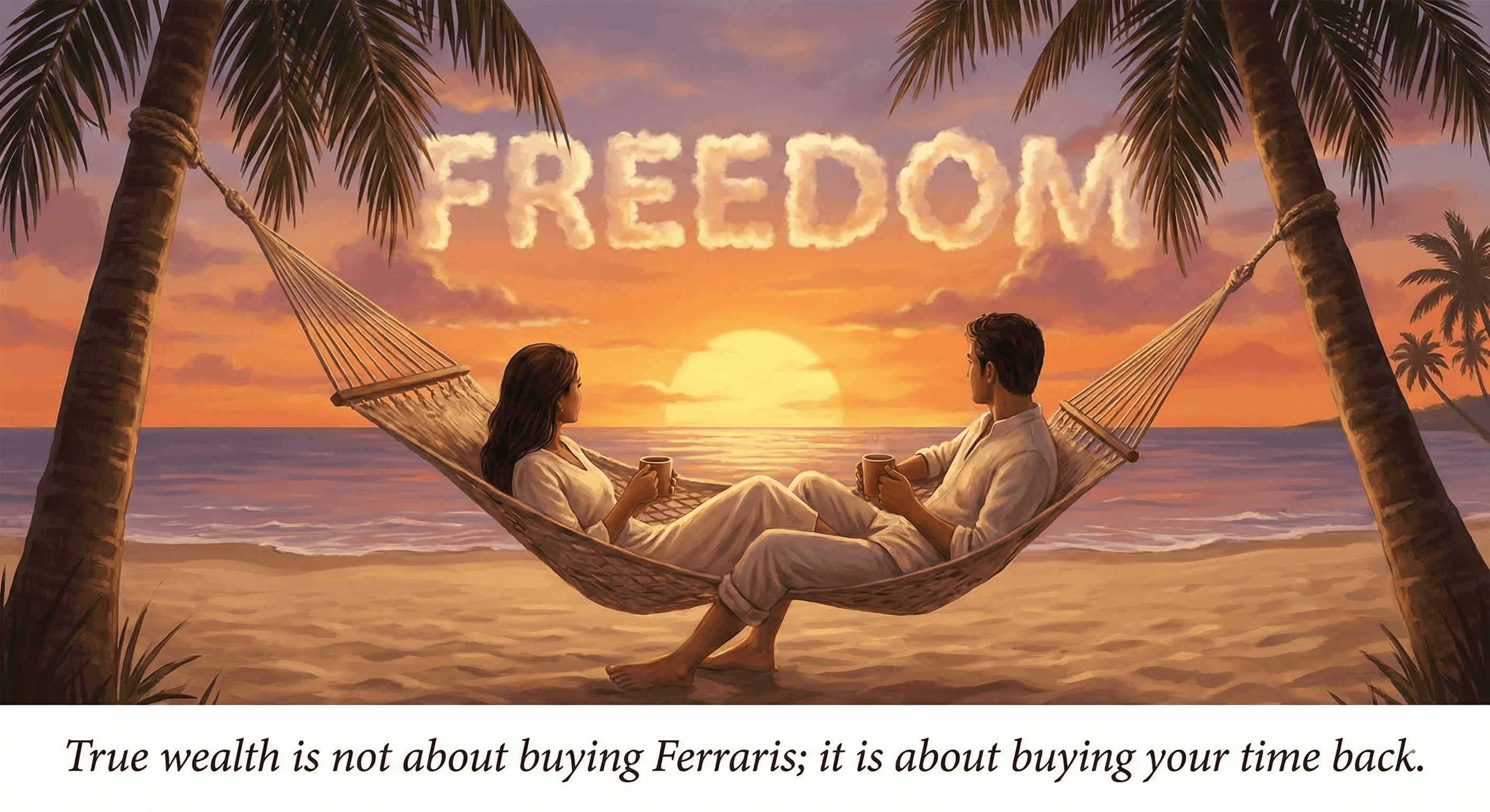 A happy person sitting on a hammock on a beach with a laptop and a drink.