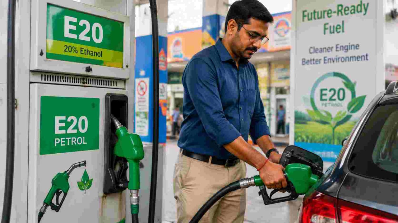 E20 ethanol-blended fuel dispenser with green branding at an Indian petrol pump