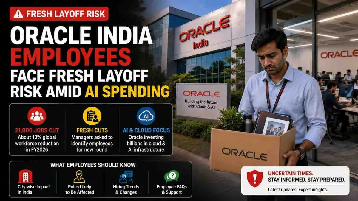 Oracle India office building with employee workstations, representing Oracle layoffs 2026