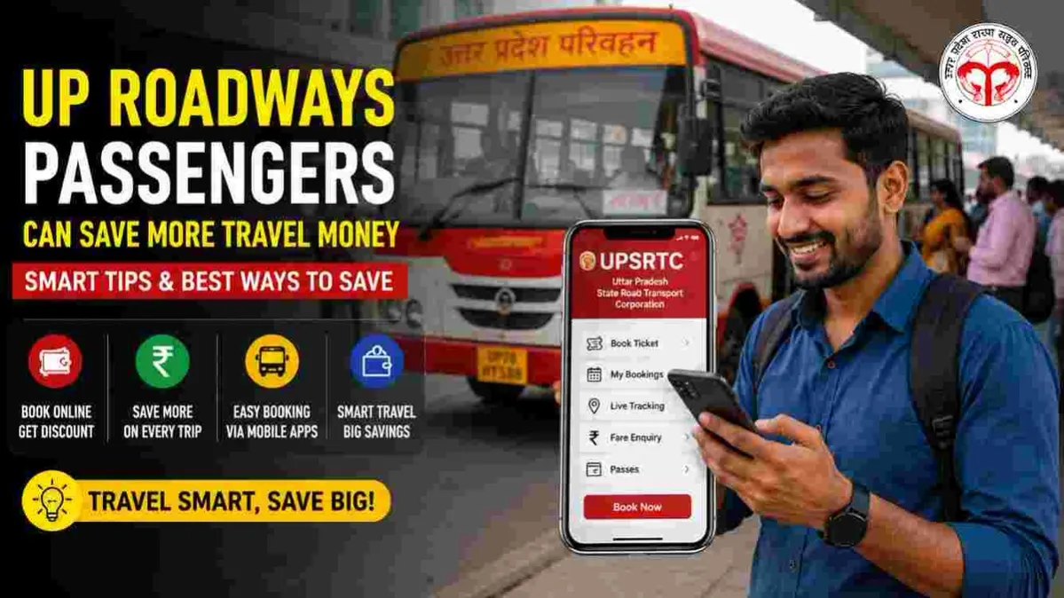 Passengers at a UP Roadways bus station checking travel benefits and saving money on regular journeys.