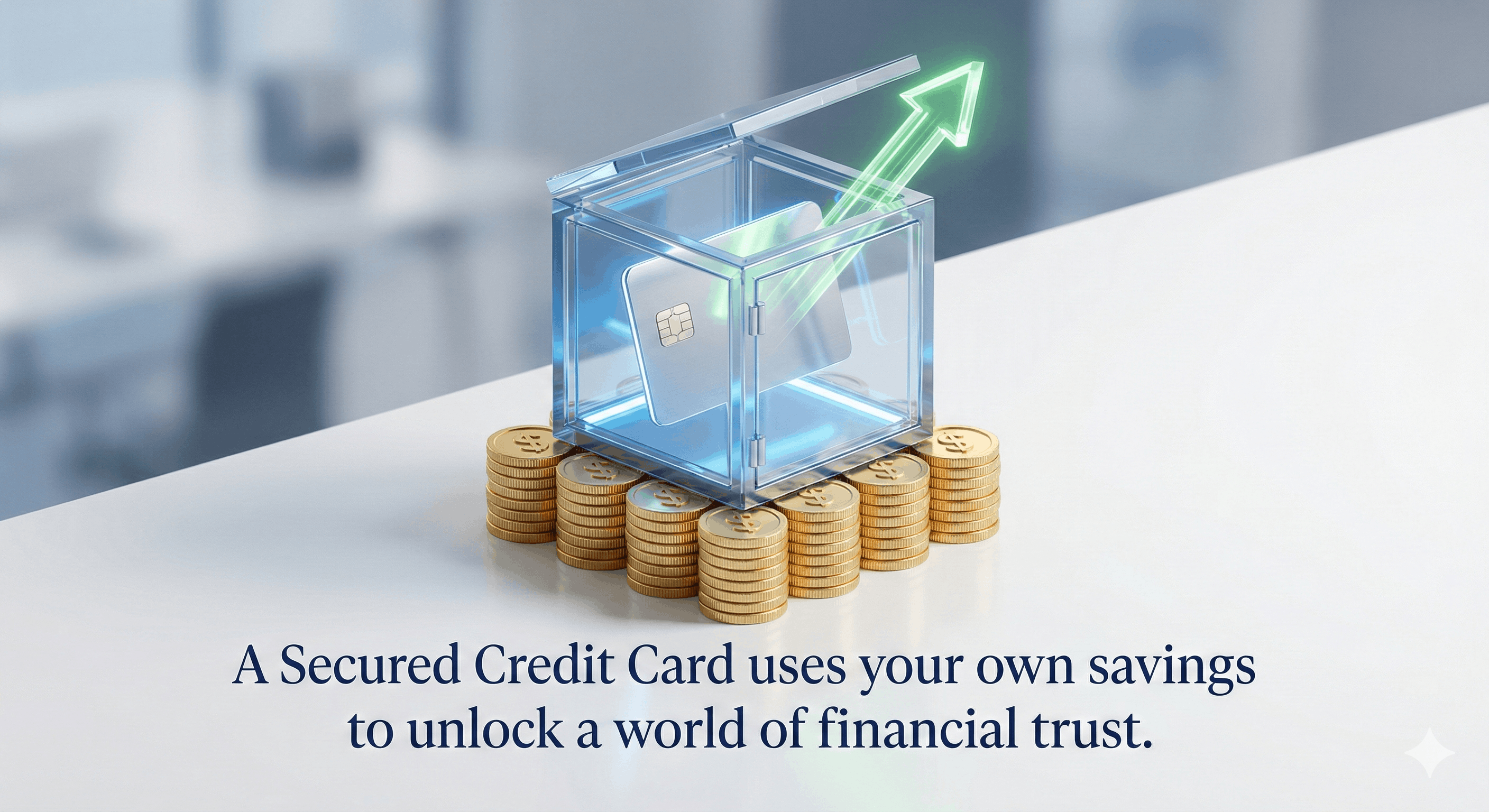 A 3D illustration of a lock and key protecting a credit card resting on a stack of coins.