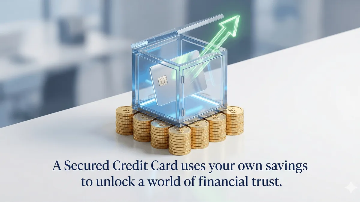 A 3D illustration of a lock and key protecting a credit card resting on a stack of coins.