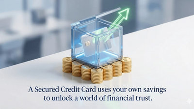 A 3D illustration of a lock and key protecting a credit card resting on a stack of coins.