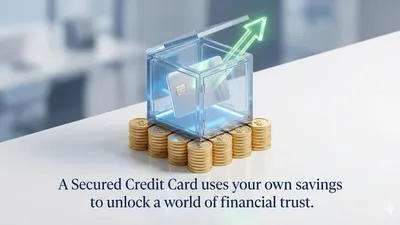 A 3D illustration of a lock and key protecting a credit card resting on a stack of coins.