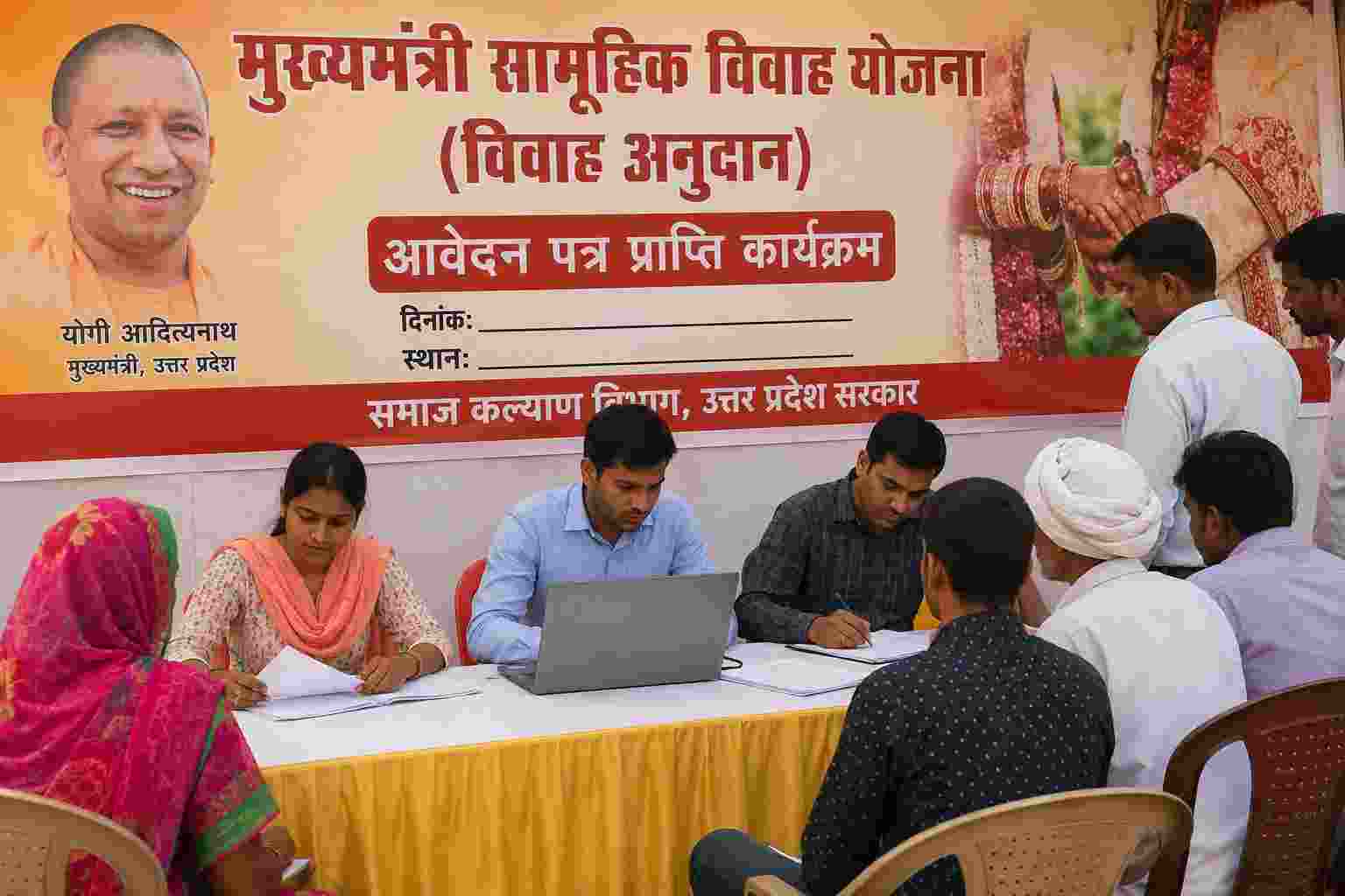 An Indian family checking details of a government marriage assistance scheme before their daughter's wedding.