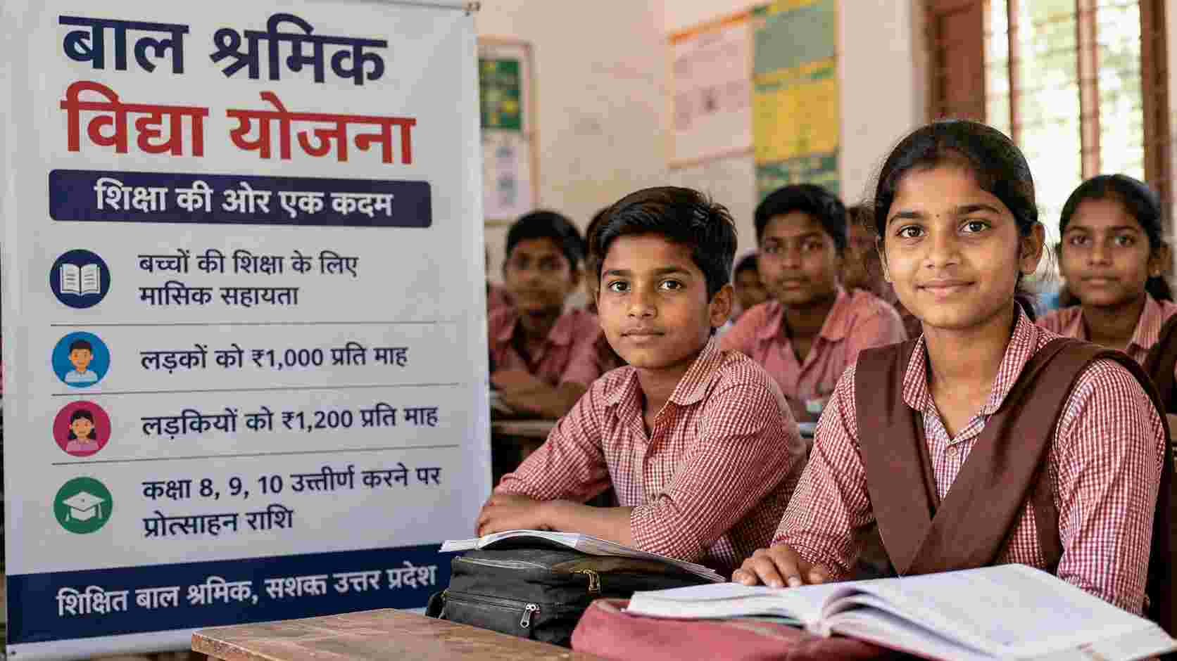 Schoolchildren in Uttar Pradesh benefiting from the Bal Shramik Vidya Yojana education support scheme