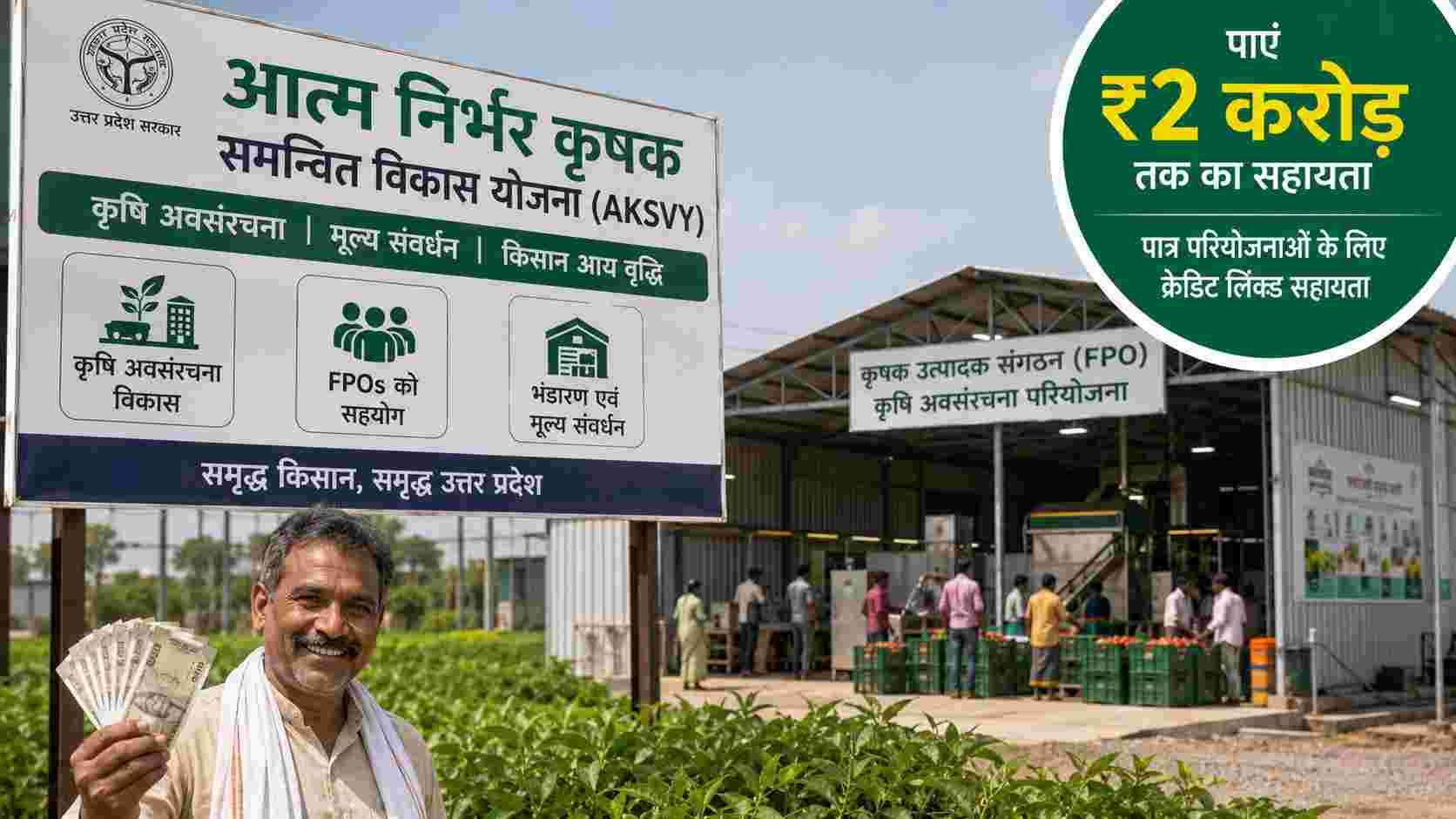 Uttar Pradesh farmer with modern agricultural infrastructure under Atma Nirbhar Krishak Samanvit Vikas Yojana