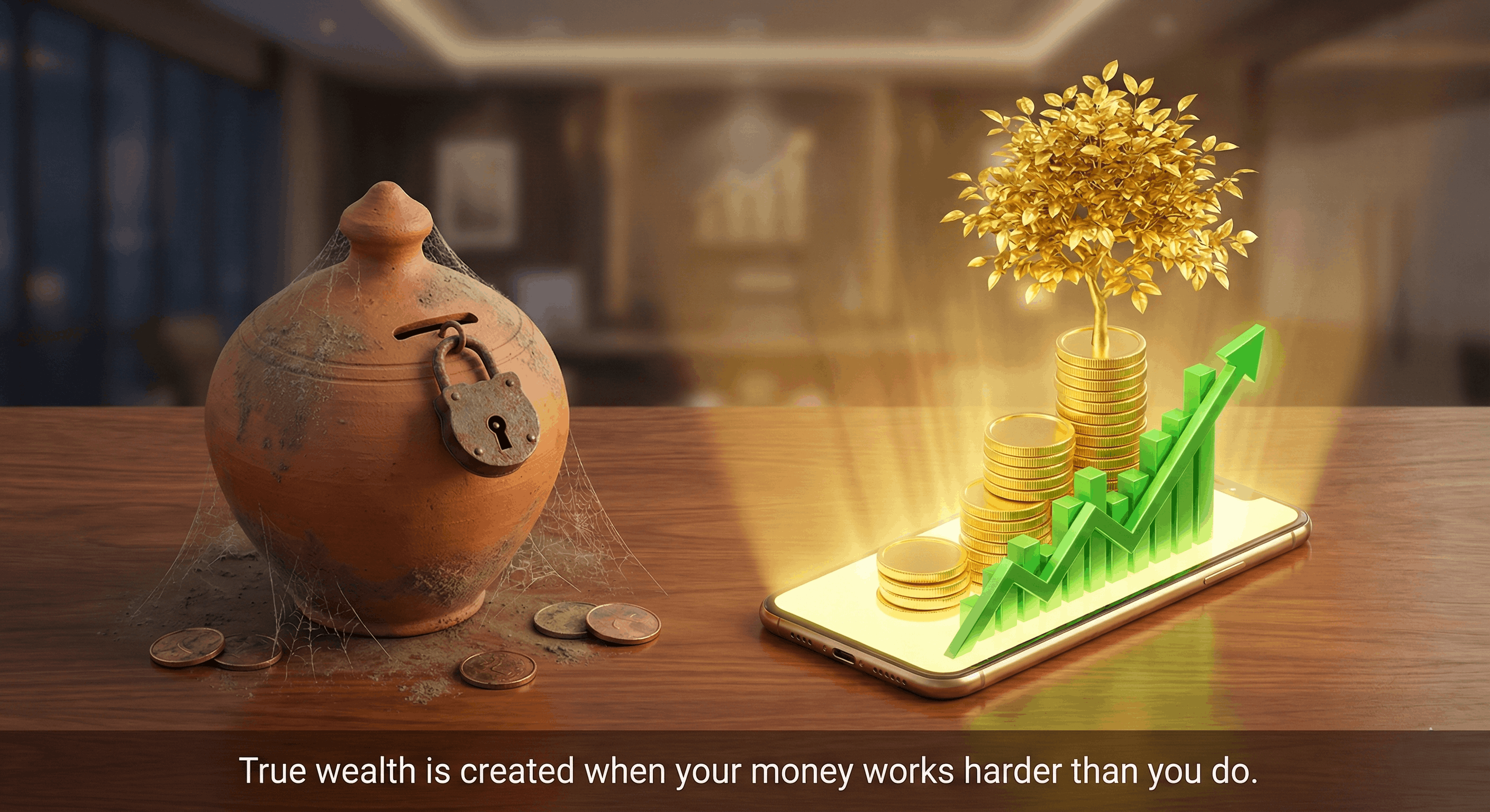 A broken piggy bank symbolizing a Fixed Deposit, next to a growing green plant made of coins symbolizing a SIP.
