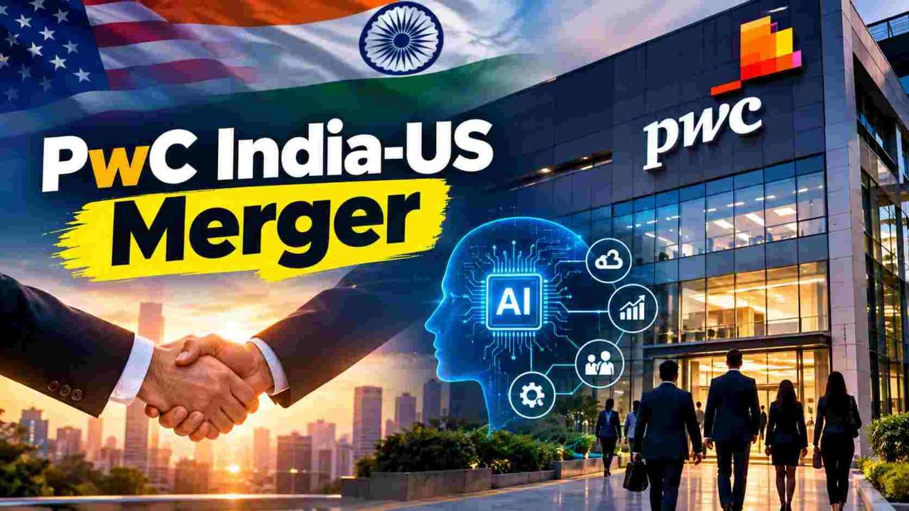 PwC India US merger consulting office with AI technology graphic