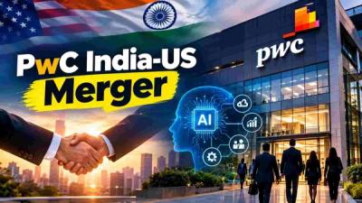 PwC India US merger consulting office with AI technology graphic