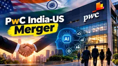 PwC India US merger consulting office with AI technology graphic