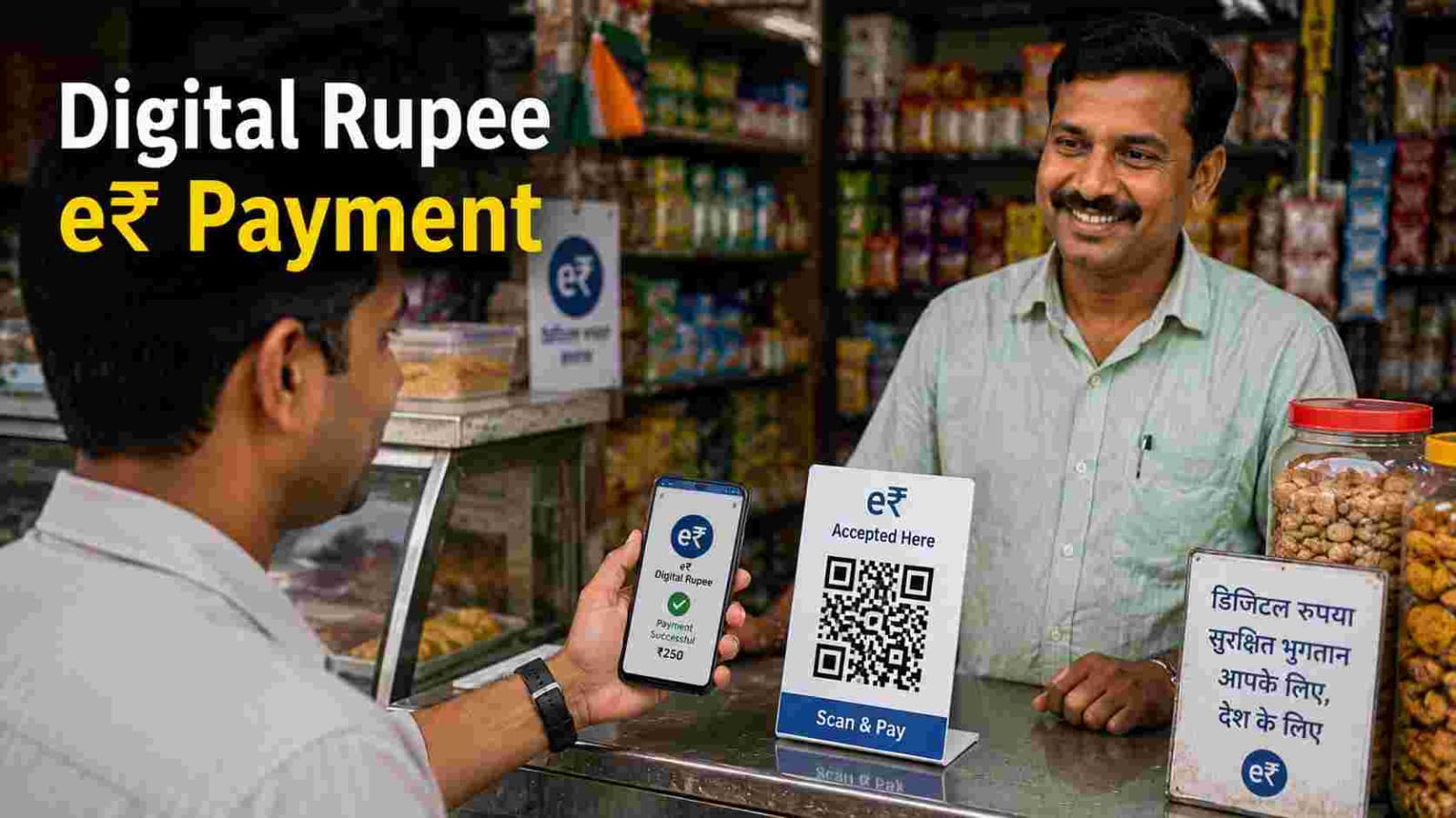 Small shop owner accepting RBI Digital Rupee (e₹) payment through a QR code using a smartphone wallet.