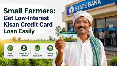 Farmer holding a Kisan Credit Card outside a public sector bank branch with crop fields in the background