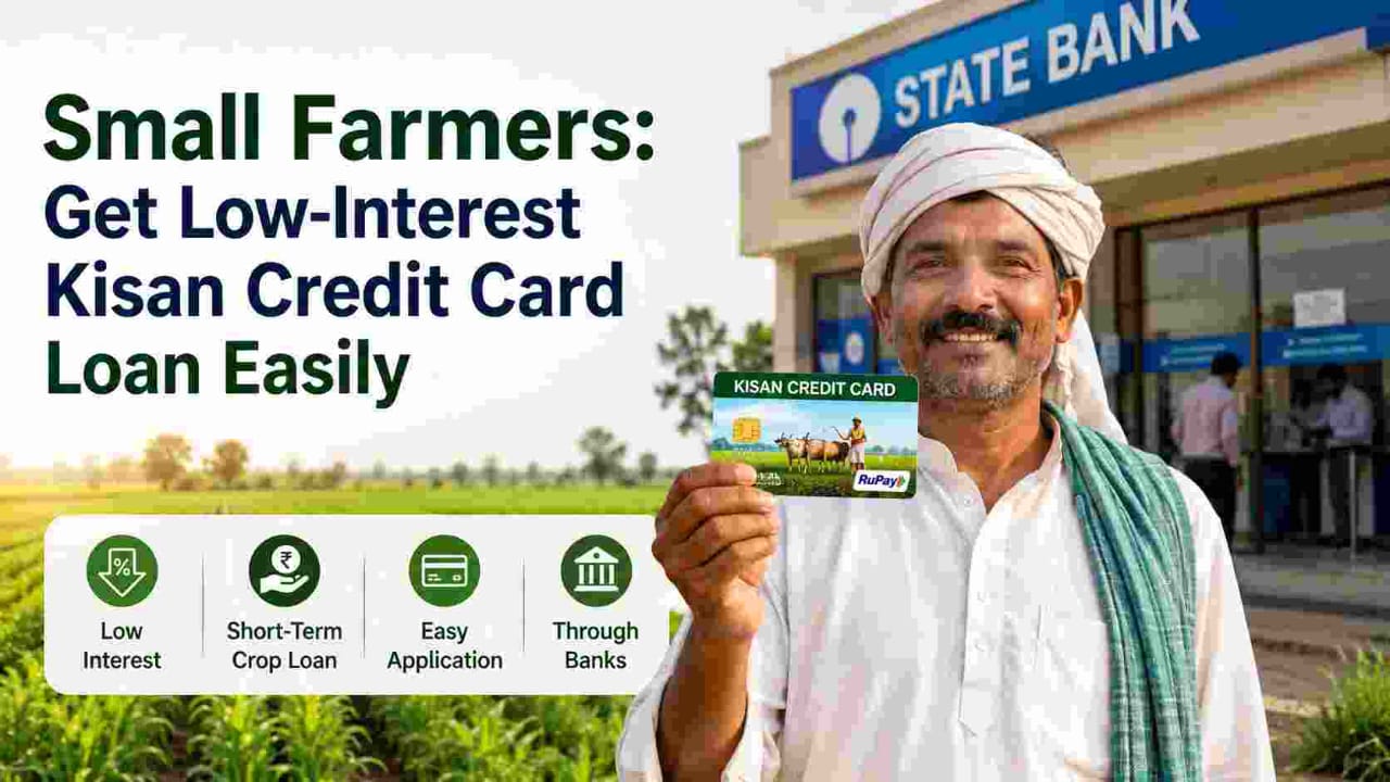 Farmer holding a Kisan Credit Card outside a public sector bank branch with crop fields in the background