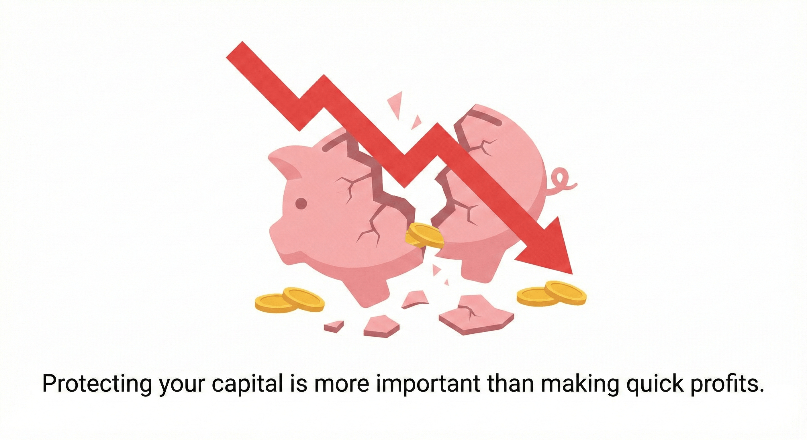 A red downward arrow breaking through a piggy bank. ​Caption: Protecting your capital is more important than making quick profits.