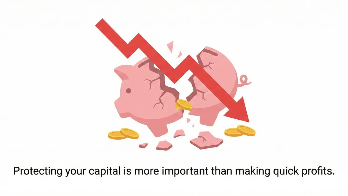 A red downward arrow breaking through a piggy bank. Caption: Protecting your capital is more important than making quick profits.