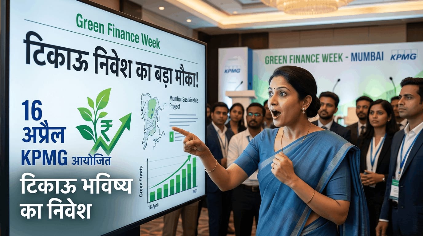 Young Indian investor reading about sustainable investments during Green Finance Week in Mumbai.
