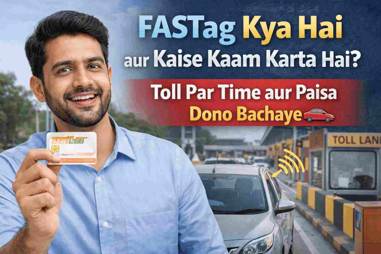 Indian car crossing toll plaza using FASTag without stopping while other vehicles wait in line.