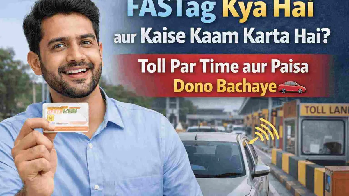 Indian car crossing toll plaza using FASTag without stopping while other vehicles wait in line.