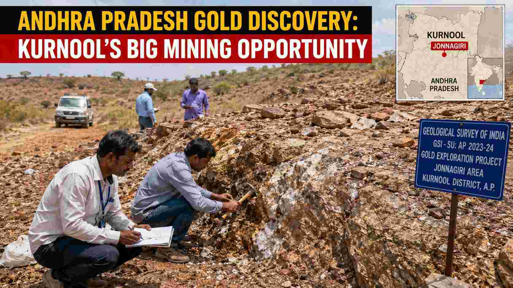 Geologists and local residents inspecting a potential gold mining area in Andhra Pradesh's Kurnool district.