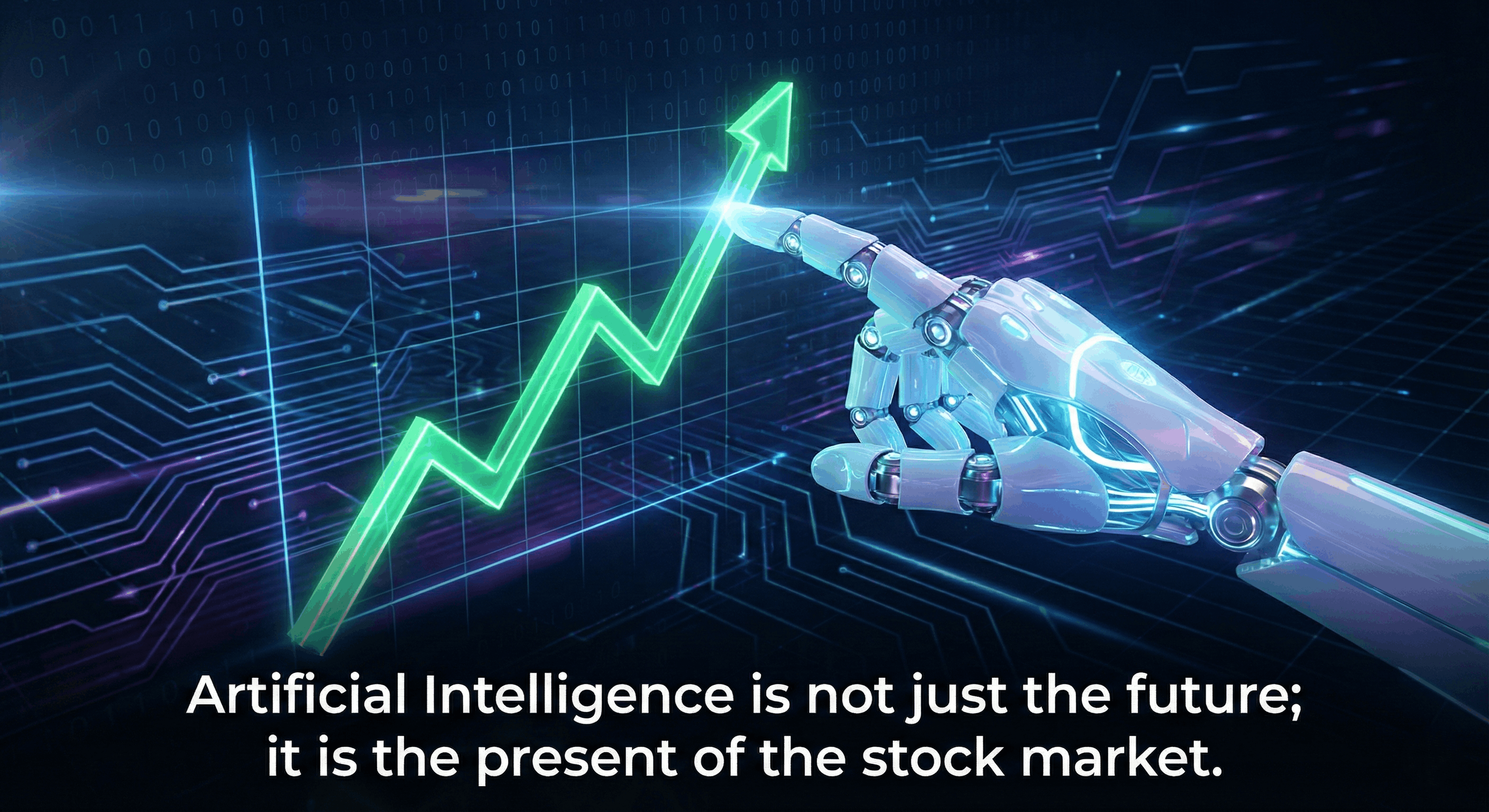 A futuristic glowing robotic hand touching a stock market growth chart.