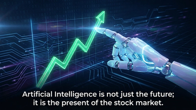 A futuristic glowing robotic hand touching a stock market growth chart.